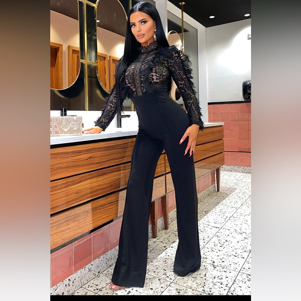 In My Shadow Fashion Nova Lace Black Jumpsuit Size M Medium Brand New with Tags